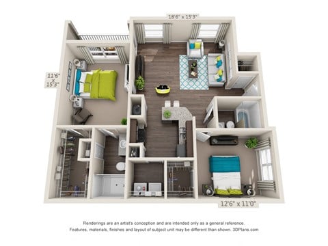 Floor plan for 2 beds, 2 baths, 1095 sqft